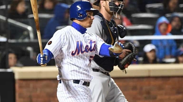 Mets catcher Jose Lobaton strikes out swinging against the Brewers...