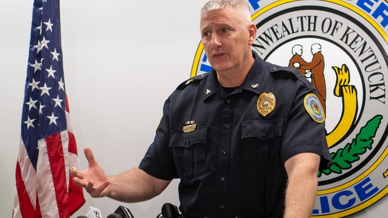 Henderson Police Chief Sean McKinney holds a press conference after...