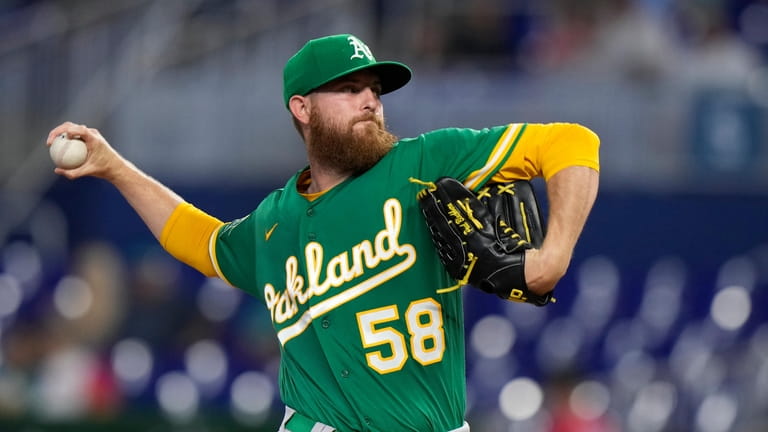 Oakland Athletics' Paul Blackburn delivers a pitch during the first...