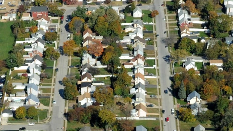 An aerial view shows a neighborhood in Nassau County near...