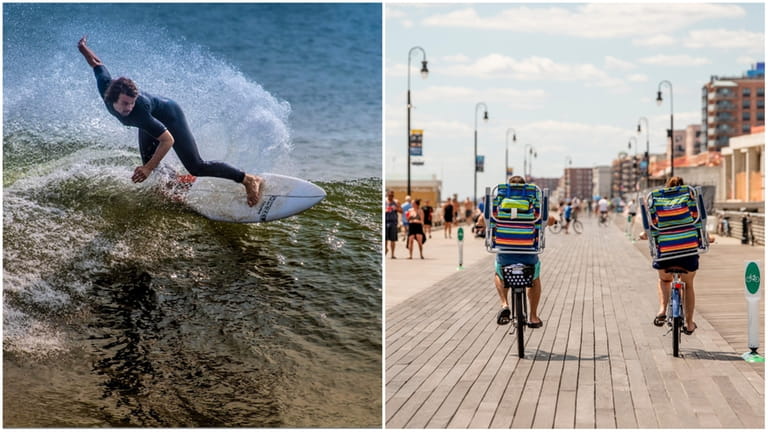 A surfer rides a wave in Long Beach.;Beachgoers bike along the...