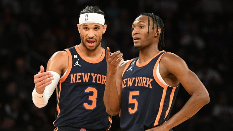 New York Knicks guard Josh Hart and guard Immanuel Quickley...