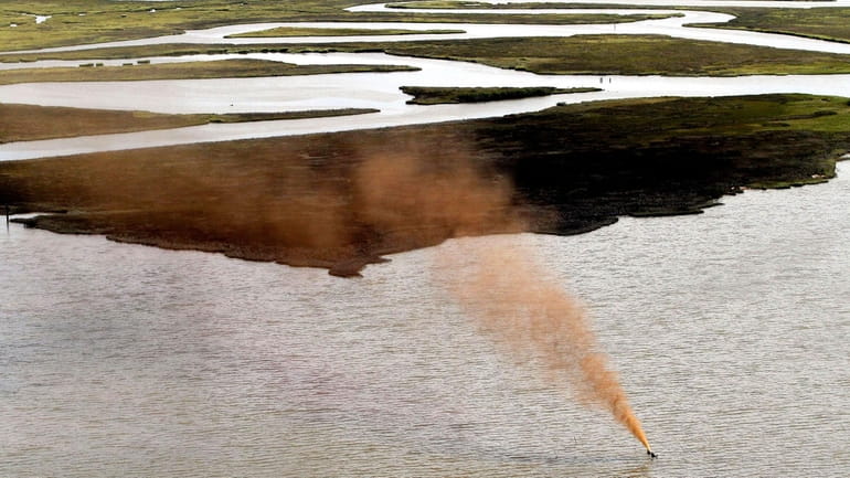 Oil spews from a wellhead in Barataria Bay on the...