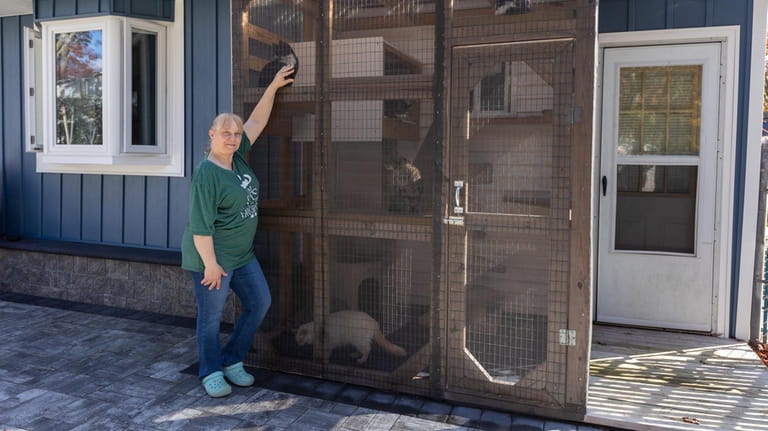 Carol Agro poses beside the catio at her house in Holbrook.