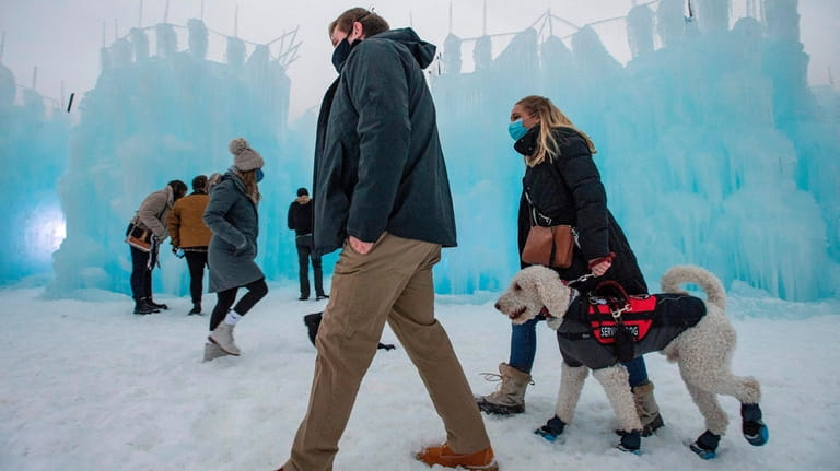 People walk with their dog as they explore the ice...