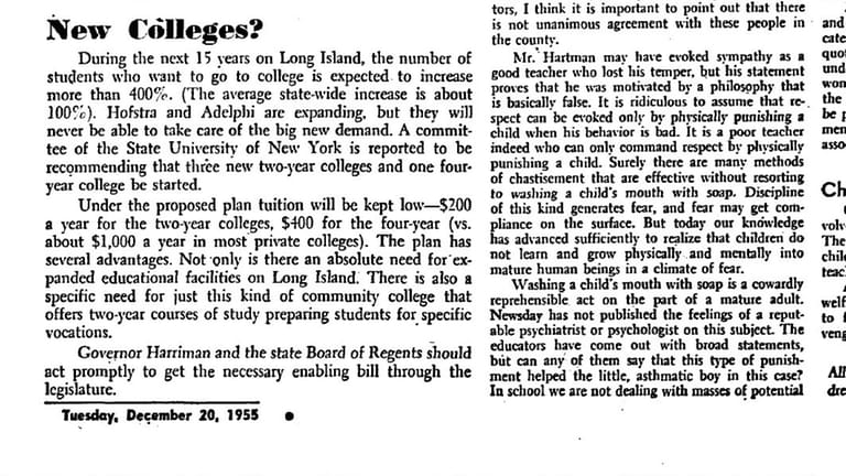 The Newsday editorial titled "New Colleges?" from Dec. 20, 1955.