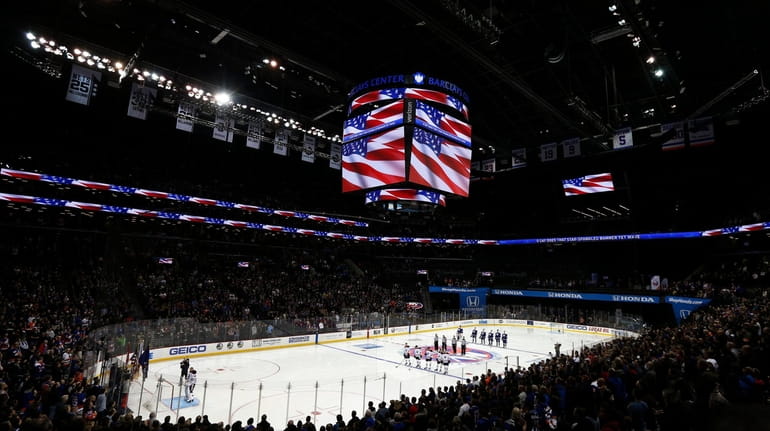 A general view during the national anthem of a game...