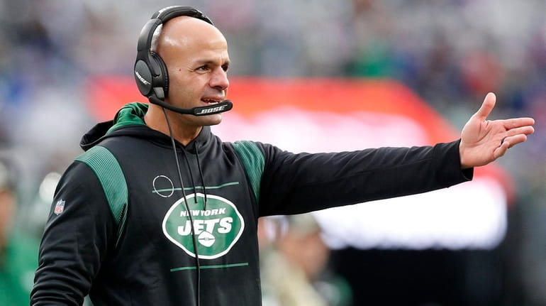 Jets head coach Robert Saleh reacts during the second half...