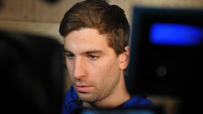 John Tavares speaks with the media after exit interviews with...