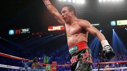 Juan Manuel Marquez celebrates after knocking out Manny Pacquiao in...
