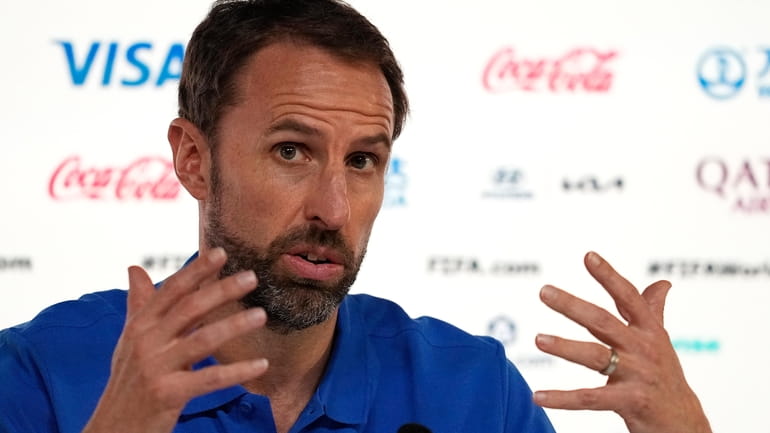 England manager Gareth Southgate speaks to the media during a...