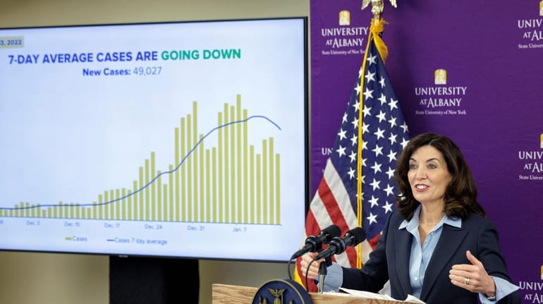 Hochul speaks at a briefing Friday in Albany. 