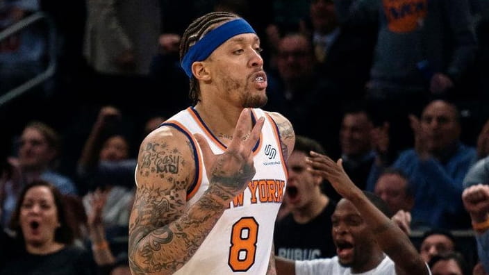 The Knicks' Michael Beasley celebrates after scoring a three-pointer during...