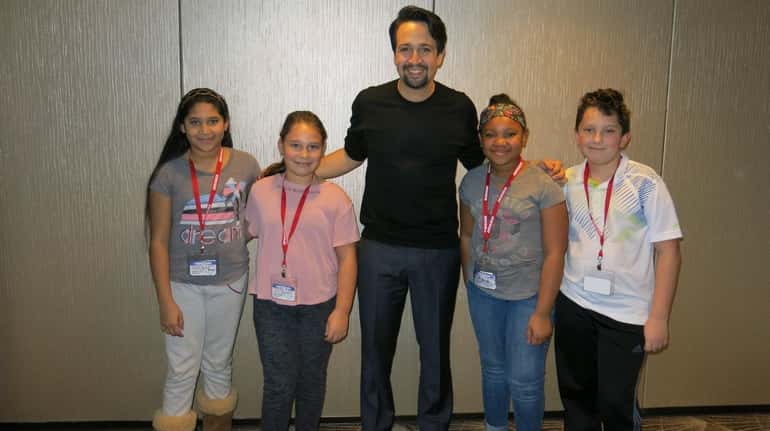 Lin-Manuel Miranda with Kidsday reporters Jaellyn Portillo-Bueso, Julia Richards, Nyah...