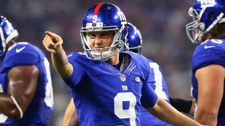 Brad Wing of the New York Giants reacts during an...