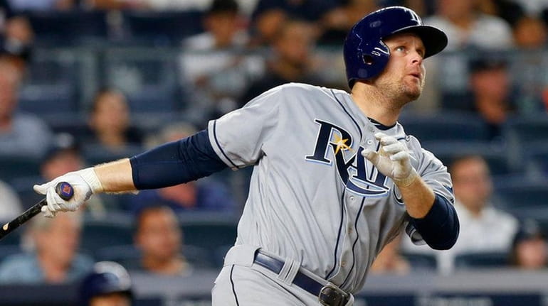 Lucas Duda of the Tampa Bay Rays homers against the...