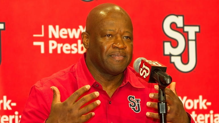 St. John’s men’s basketball coach Mike Anderson speaks during a...