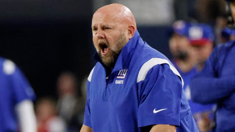 Giants coach Brian Daboll yells toward the officials on Thursday...