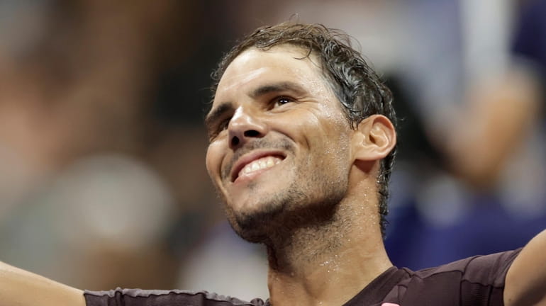 FILE - Rafael Nadal, of Spain, celebrates after winning his...
