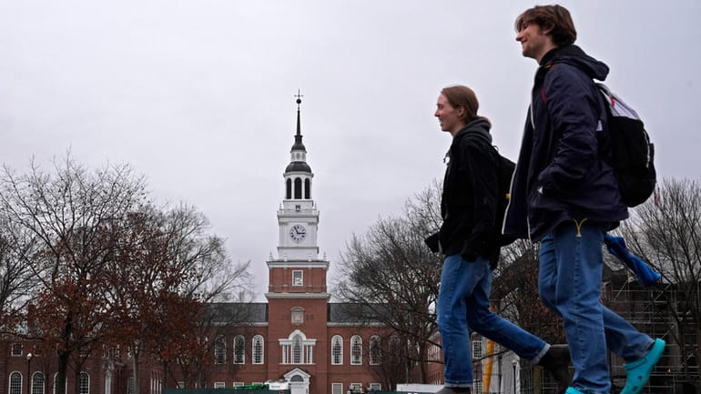 Students cross the campus of Dartmouth College, March 5, 2024,...