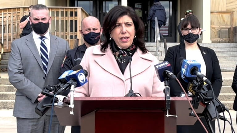 Nassau District Attorney Madeline Singas explains the second-degree charges against George Blatti...