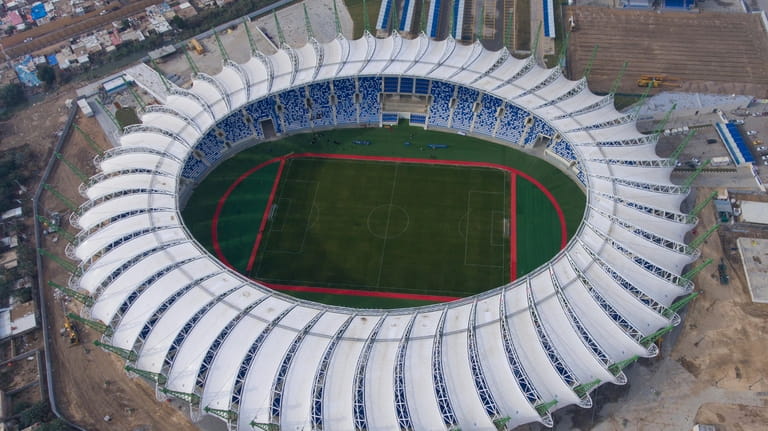 This aerial photo shows the New Minaa Olympic Stadium, built...