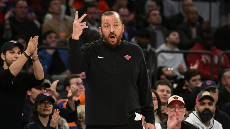 New York Knicks head coach Tom Thibodeau gesture in the...