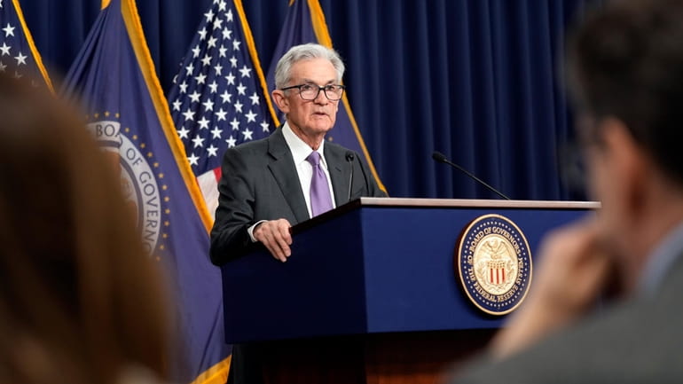 Federal Reserve Board chair Jerome Powell speaks during a news...