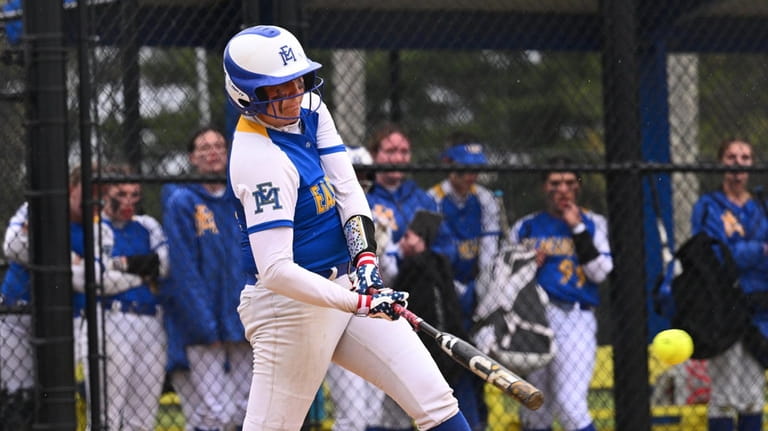 Julia Parise of East Meadow drives an RBI single during...