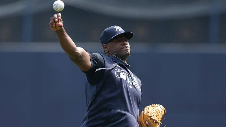 Luis Severino, throwing in the outfield at Yankee Stadium in...
