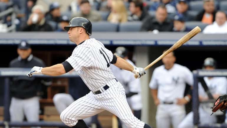 New York Yankees center fielder Brett Gardner (11) singles during...