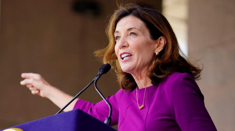 New York Governor Kathy Hochul speaks at a press conference...