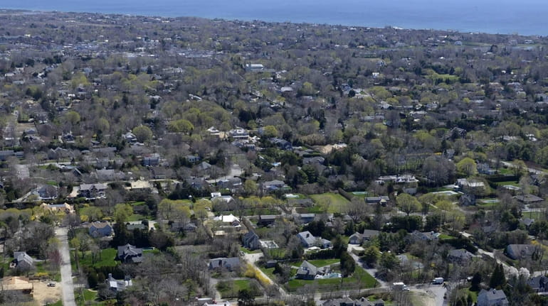 An aerial view looks southeast across Southampton Village on April...