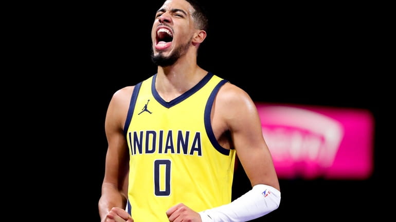 Indiana Pacers guard Tyrese Haliburton yells after a play against...