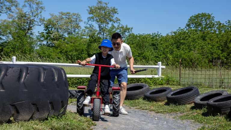 Tony Yu pushes Ethan Yu, 7, from Queens around the...