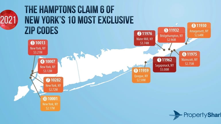 Six ZIP codes in the Hamptons appeared on PropertyShark's list of...