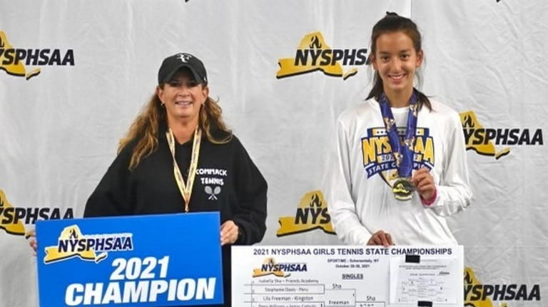 Coach Jackie Clark and champion Kady Tannenbaum of Commack after the 2021...
