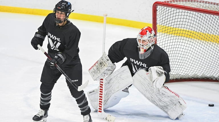 Montreal's Marie-Philip Poulin, left, screens goaltender Elaine Chuli during Professional...