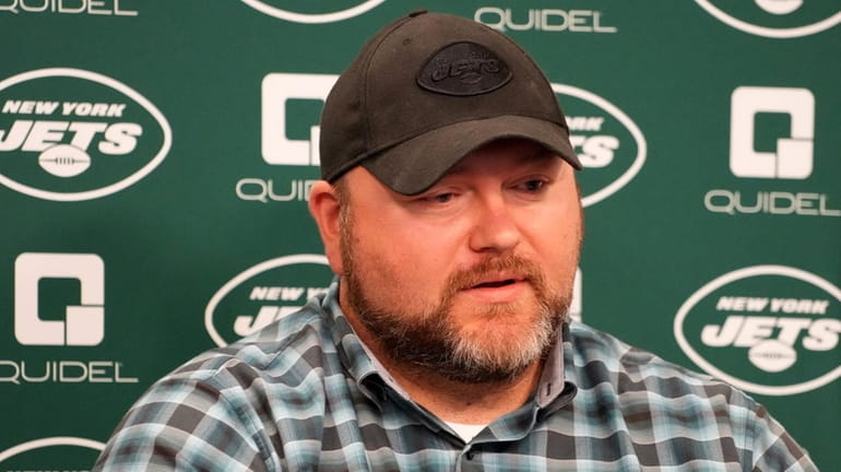New York Jets general manager Joe Douglas speaking to the...