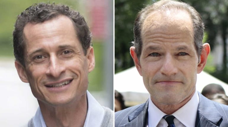 Left, Anthony Weiner leaves his apartment building in Manhattan. Right,...