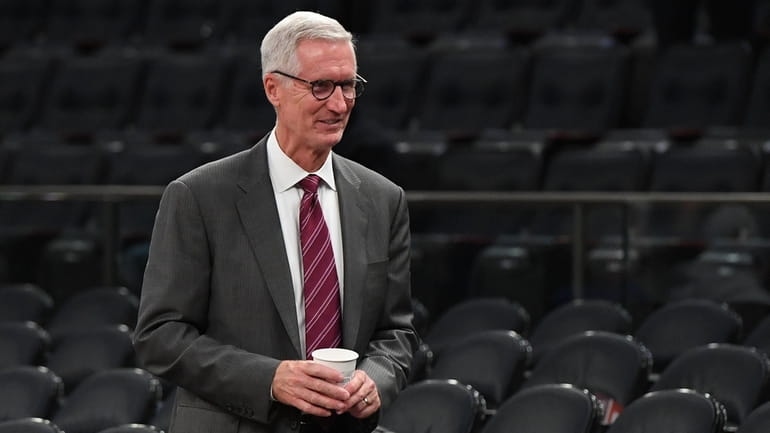 Knicks broadcaster Mike Breen looks on before an NBA game...