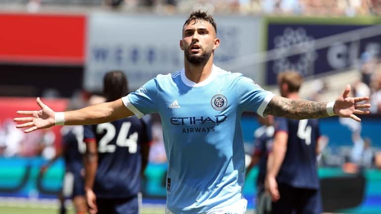 NYCFC's Valentín Castellanos celebrates a goal against the Revolution at Yankee...