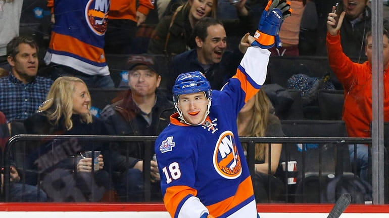 Ryan Strome of the New York Islanders celebrates his third-period...