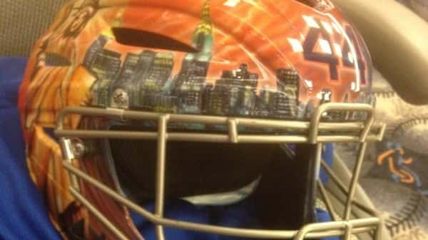Mets catcher John Buck's customized helmet. (April 4, 2013)