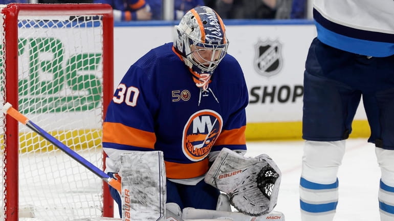 Ilya Sorokin of the Islanders makes a save during the second period...