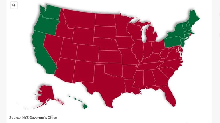 States in red are currently on New York's travel advisory list....