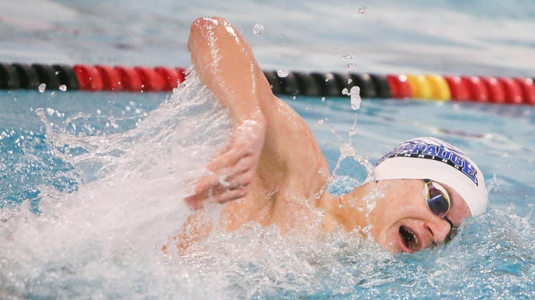 Hauppauge's Jake Nielsen wins the 500-yard freestyle during a meet...
