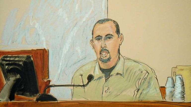 In this courtroom sketch, Najibullah Zazi testifies in the terror...