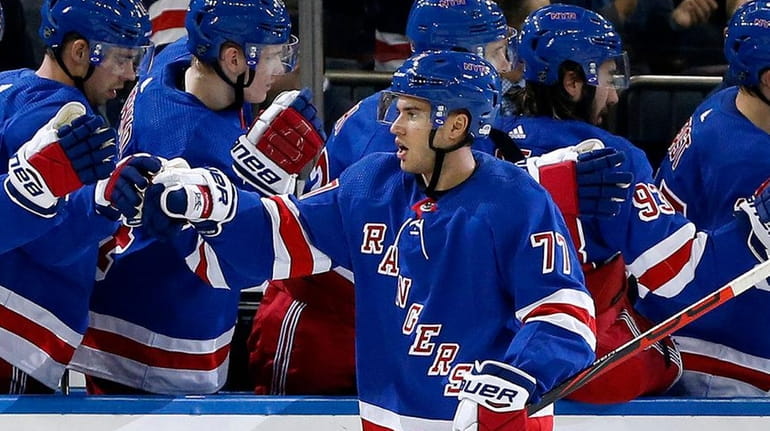 Tony DeAngelo of the Rangers celebrates his first goal of the...