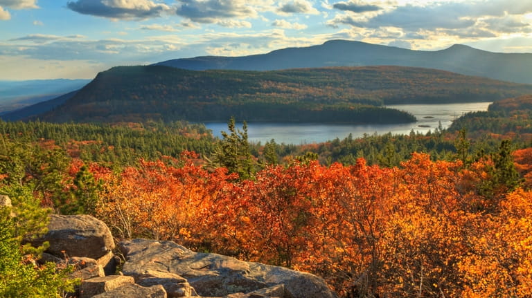 The autumn foliage overlooking North-South Lake in the Catskill Mountains.